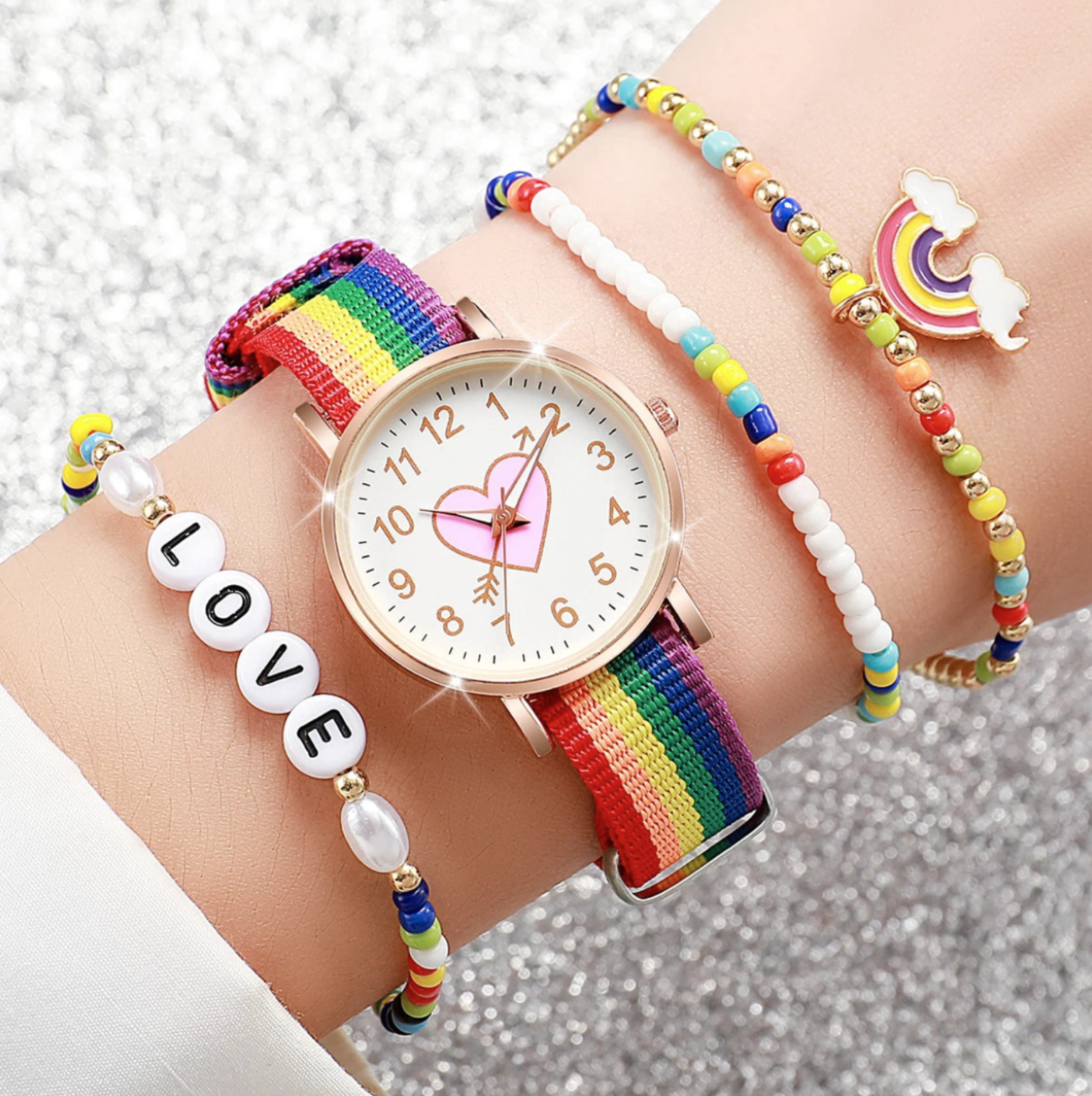 Ensemble Montre & Bracelets Femme – 4 pièces, look coloré & message Love