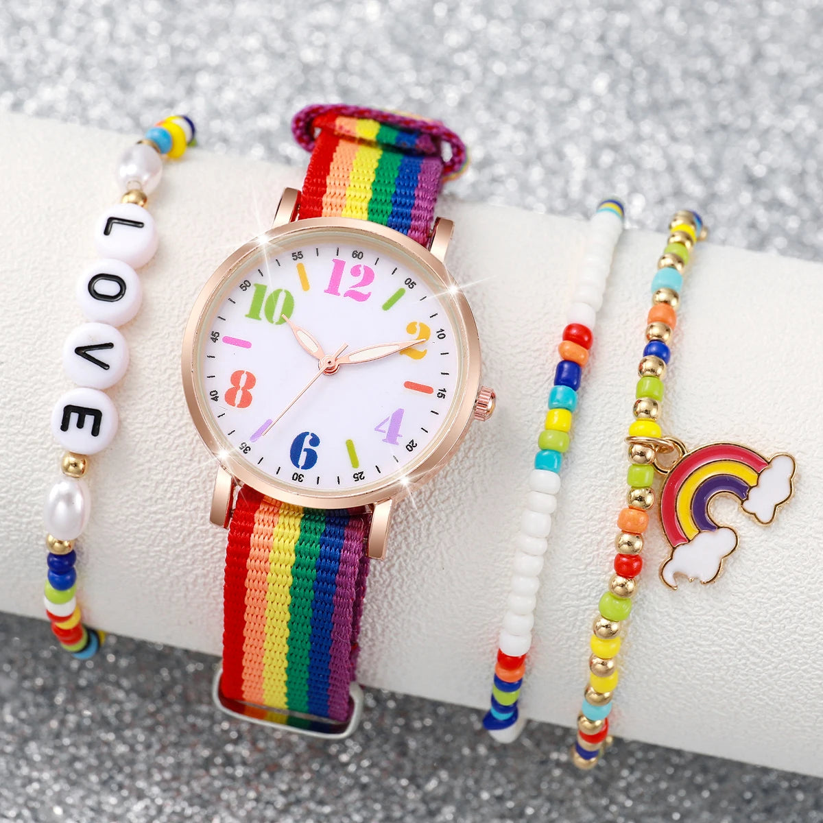 Ensemble Montre & Bracelets Femme – 4 pièces, look coloré & message Love
