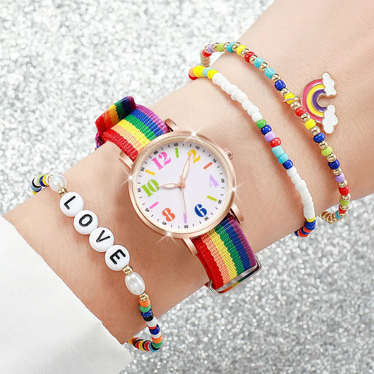 Ensemble Montre & Bracelets Femme – 4 pièces, look coloré & message Love